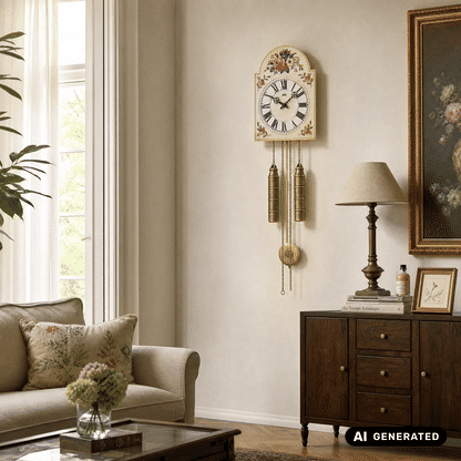 Wanduhr im Bauernstil mit floralem Rosendekor, römischem Zifferblatt und zwei Gewichten