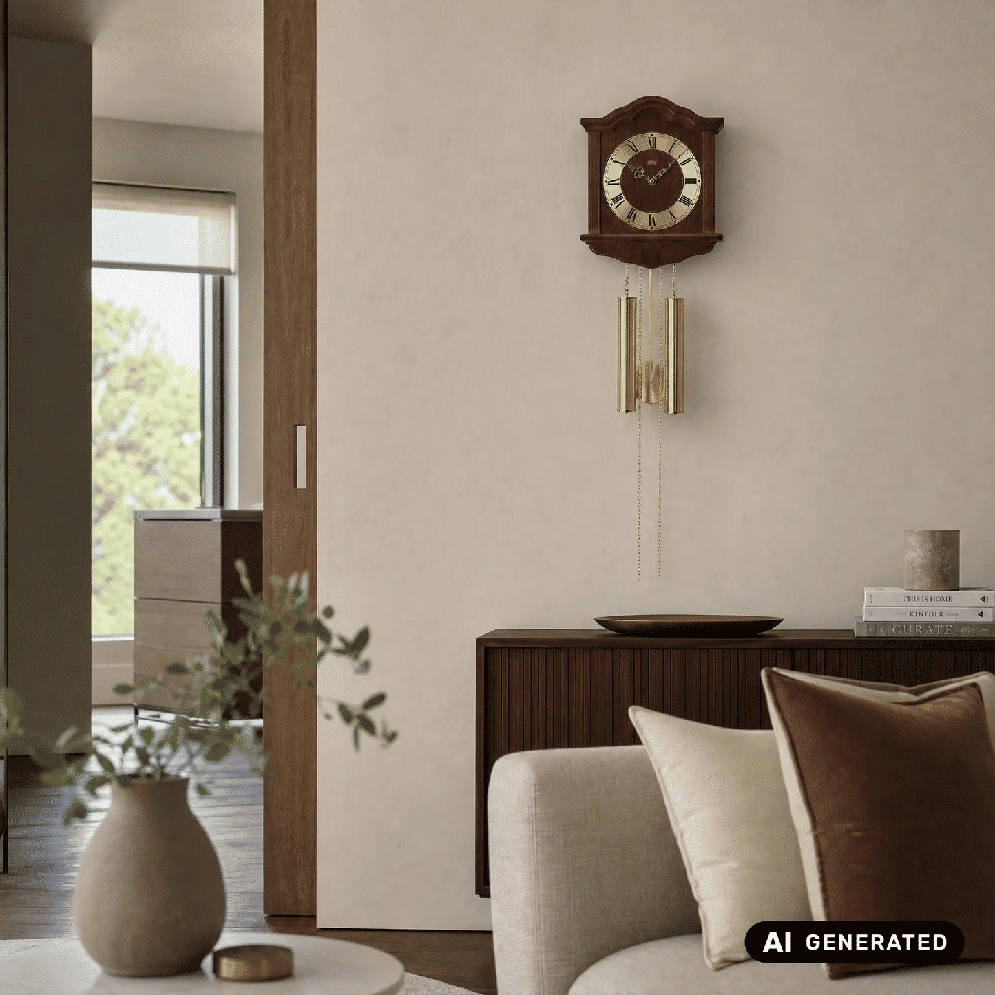 AMS Heimuhr-Wanduhr an der Wand: Holzgehäuse, Messing-Zinkel und Ziffernblatt mit römischen Zahlen