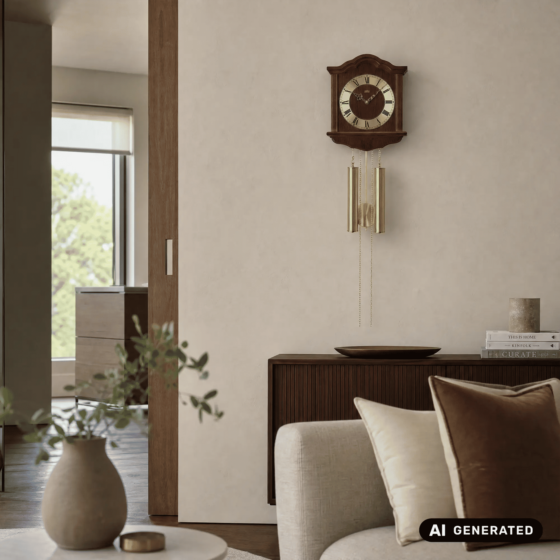 AMS Heimuhr-Wanduhr an der Wand: Holzgehäuse, Messing-Zinkel und Ziffernblatt mit römischen Zahlen