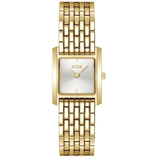 BOSS Damenarmbanduhr goldfarben mit weißem, eckigem Zifferblatt und Metallarmband