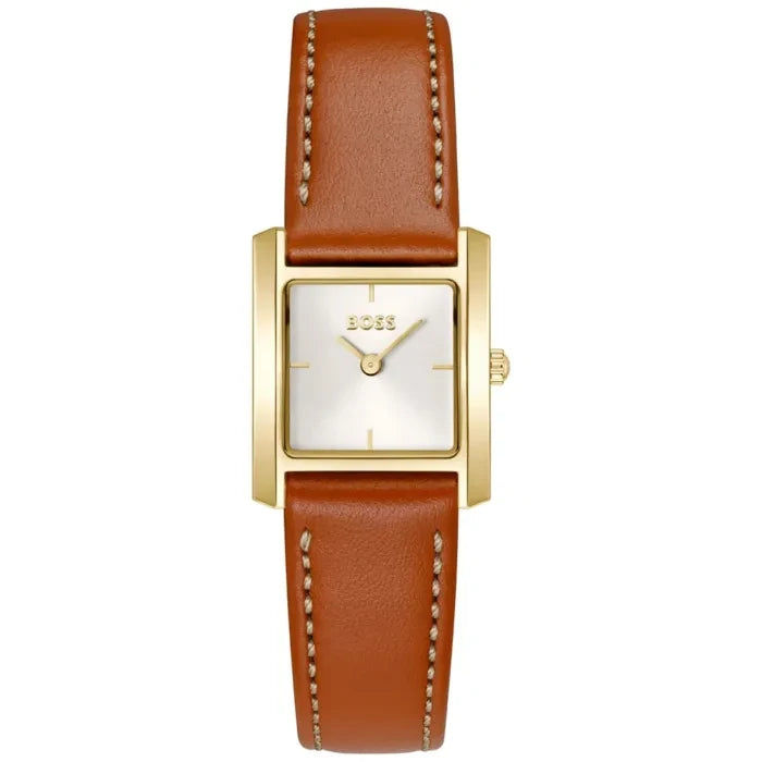 BOSS Lucy Scala 1502846 Damen Armbanduhr Goldfarben • Mineralglas • Lederarmband Braun