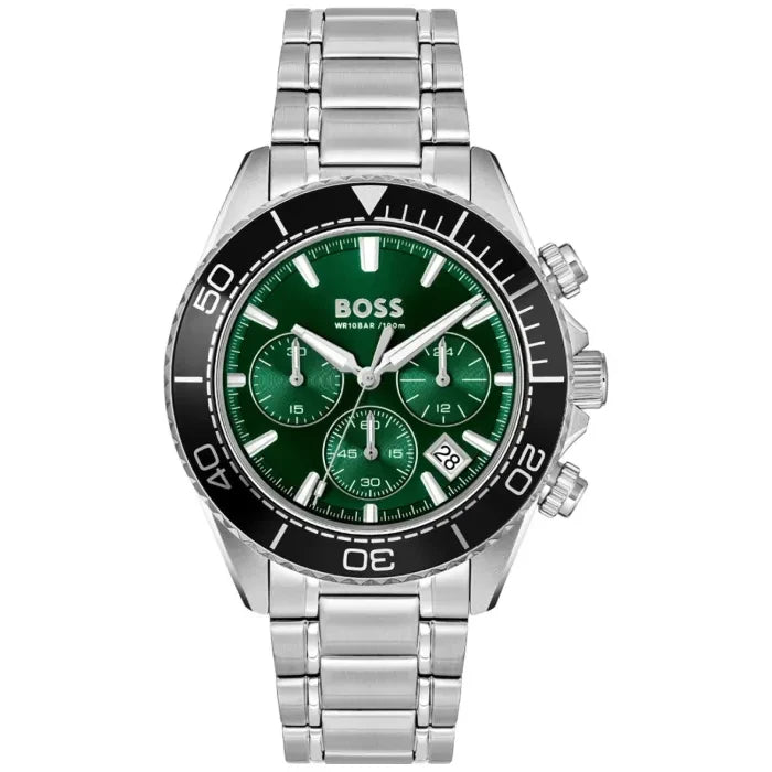 BOSS Sealiner 1514321 Herren Armbanduhr Silber • Grünes Sonnenschliff-Zifferblatt • 10 ATM Wasserdicht