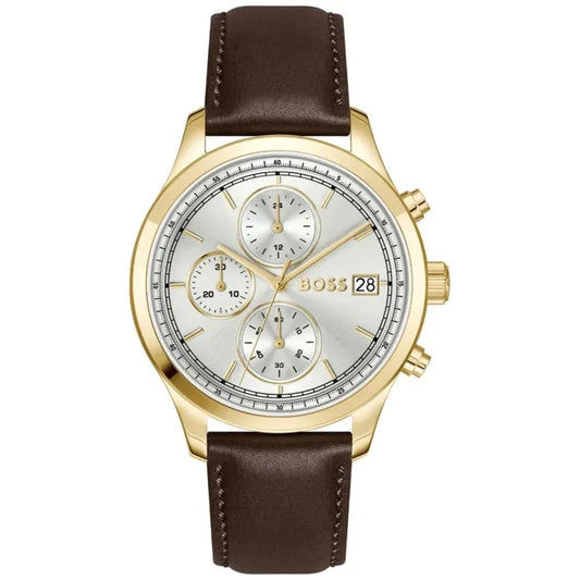 Herrenarmbanduhr mit goldfarbenem Gehäuse, braunem Lederarmband und weißem Chronographenzifferblatt