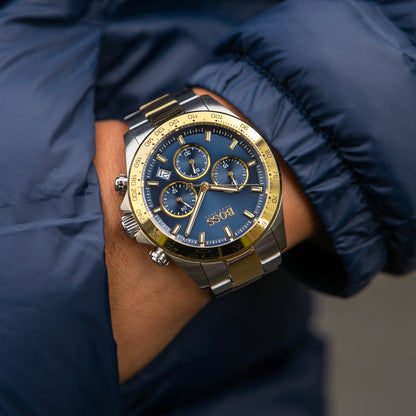 Dwukolorowy zegarek BOSS Hero Sport z niebieską tarczą i trzema licznikami chronografu