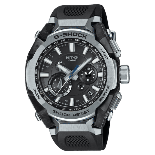Casio G-Shock Herrenuhr: schwarzes Kautschukband, Metallgehäuse, analoges Zifferblatt.