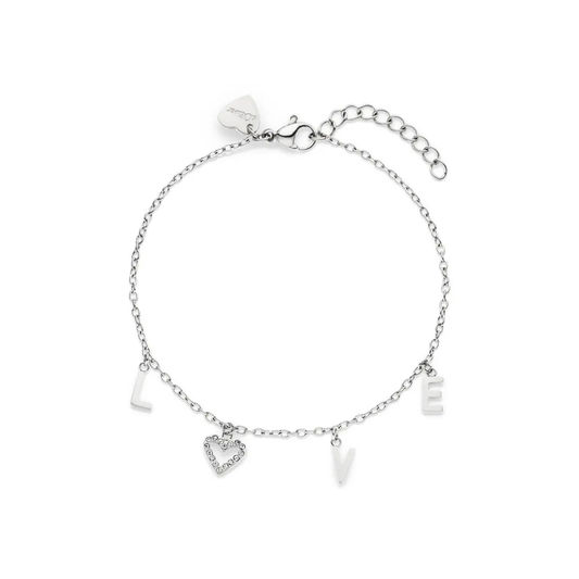 Silberfarbenes Armband mit Kettengliedern und Anhängern: L, Herz, V und E
