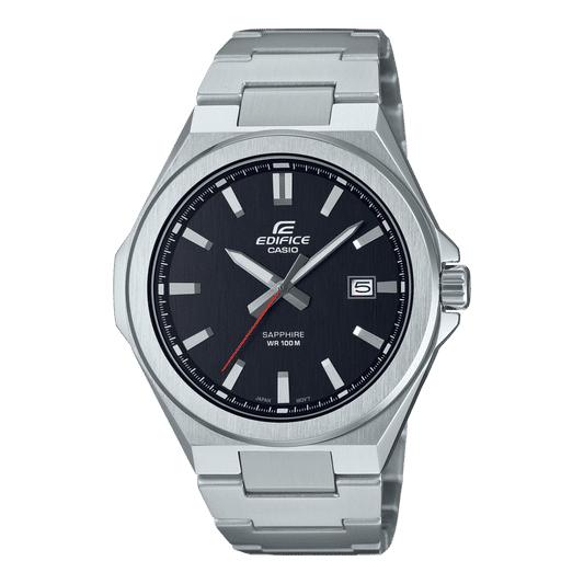 Casio Edifice Herrenuhr mit schwarzem Zifferblatt, Saphirglas und Stahlarmband