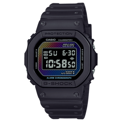 Casio DW-5600RW-1ER G-Shock Herrenuhr Schwarz/Regenbogen • Regenbogen-Dampfbeschichtung • Digitales Ziegelwandmuster