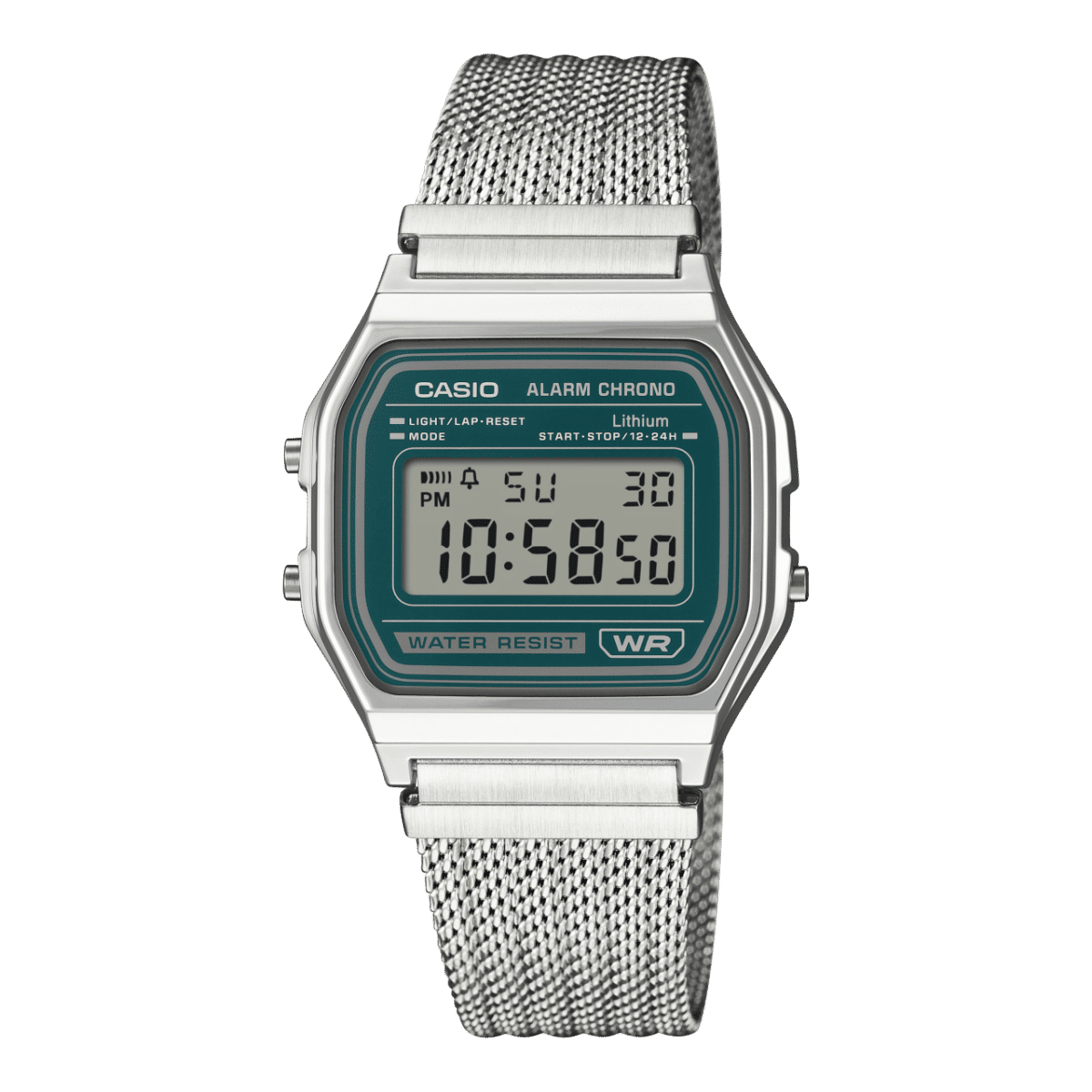 Casio Vintage A158WEM-3EF Armbanduhr Grün • Mesh-Armband • Stoppuhr
