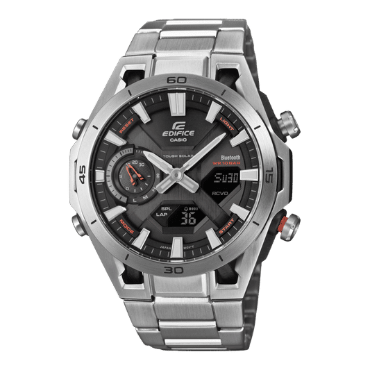 Casio EDIFICE Herrenarmbanduhr mit silberfarbenem Metallband und schwarzem Zifferblatt