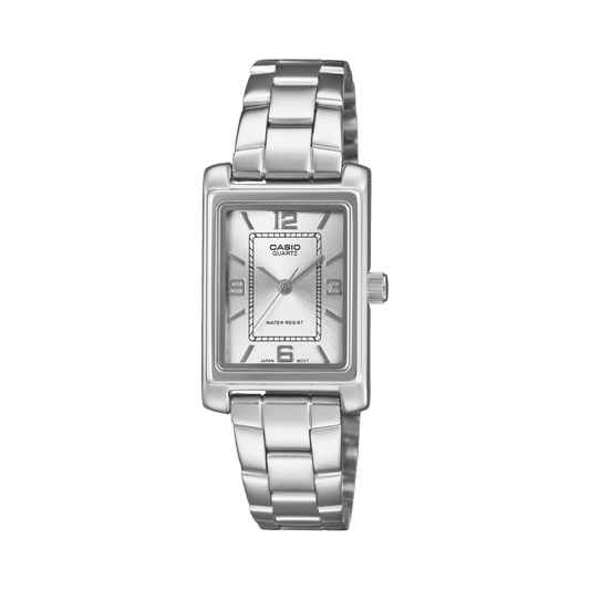 Casio-Damenuhr mit silberfarbenem Edelstahlband, eckigem Gehäuse und Krone rechts