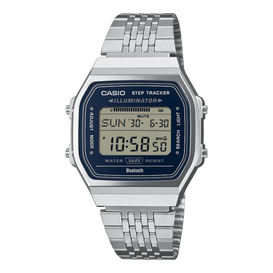 Casio Vintage ABL-100WE-2AEF digitale Armbanduhr mit silbernem Metallband und blauem Display