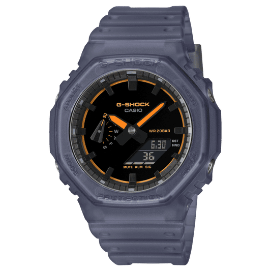 G-Shock Herrenuhr mit blauem Armband, rundem schwarzem Zifferblatt und orangefarbenen Akzenten