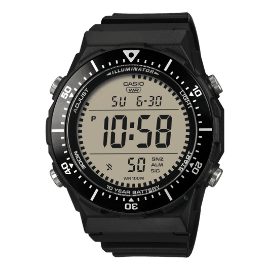 Schwarze digitale Casio Armbanduhr mit beleuchtetem Display, rundem Gehäuse und Kunststoffarmband