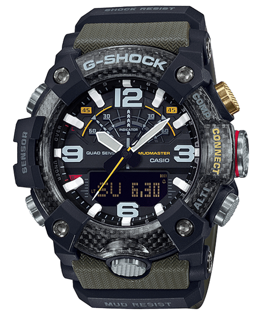 Casio G-Shock Mudmaster Herrenarmbanduhr mit schwarzem Gehäuse und grünem Textilarmband
