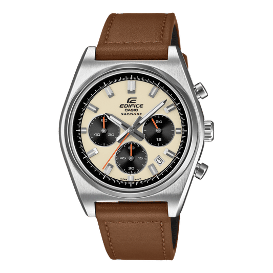 Casio Edifice Herren-Chronograph mit beigem Zifferblatt, braunem Lederarmband, Saphirglas