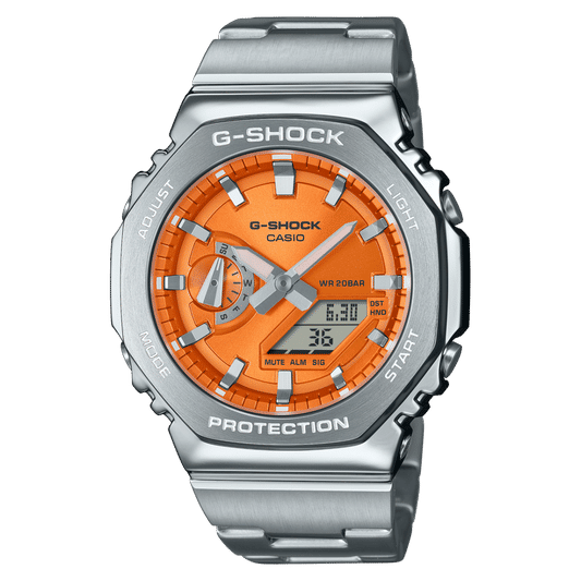 Casio G-Shock Herrenuhr mit silbernem Metallarmband, orangefarbenem Zifferblatt und Digitalanzeige