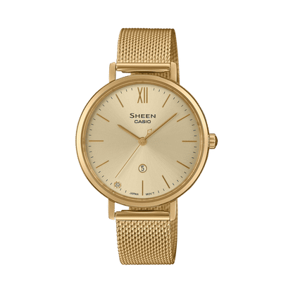 Casio Sheen SHE-4539GM-9AUER Damen Armbanduhr Goldfarben • Saphirglas • Mesh-Armband aus Edelstahl