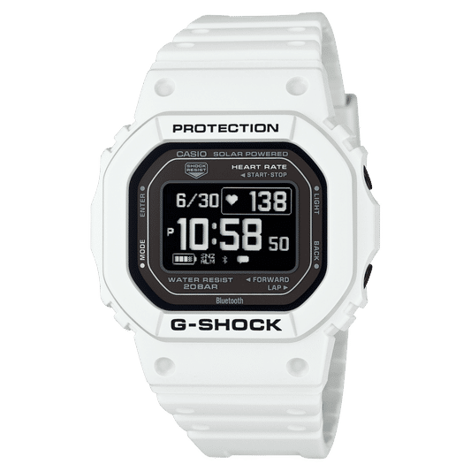 Weiße Casio G-Shock Herrenuhr mit schwarzem Digitaldisplay und „PROTECTION“-Rahmen