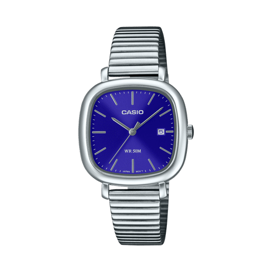 Casio Damenuhr mit blauem Zifferblatt, Datumsanzeige und silbernem Metallarmband