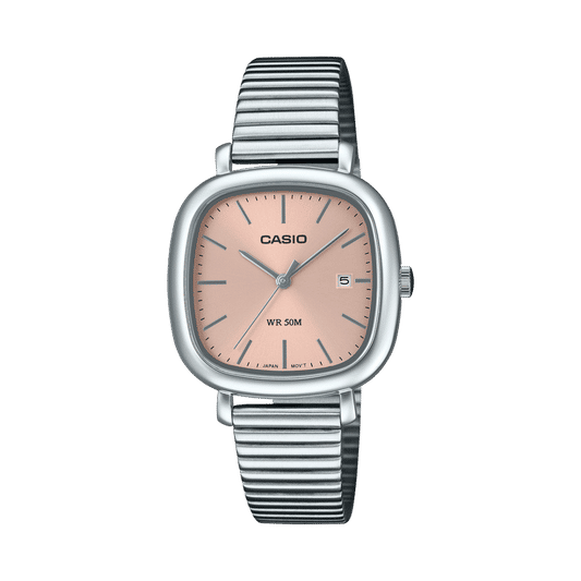 Casio Damen-Armbanduhr mit roséfarbenem Zifferblatt, Datumsanzeige und Metallarmband