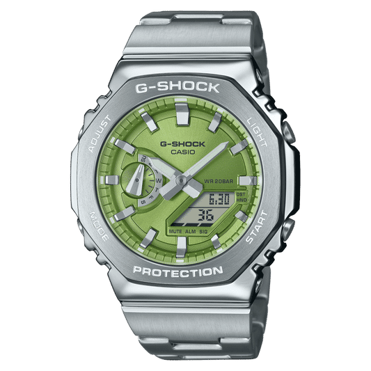 Herren G-SHOCK G-Steel Uhr mit Metallarmband und grünem Zifferblatt, WR 20 bar