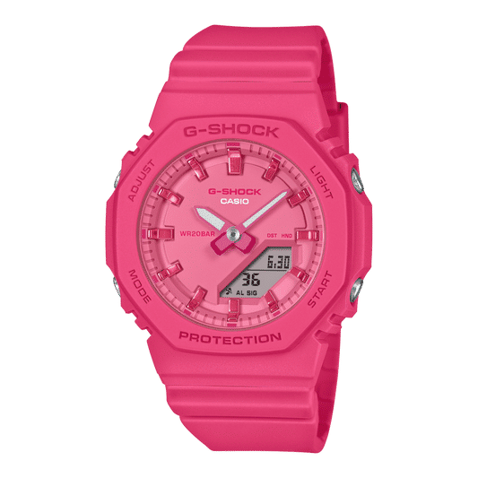 G‑SHOCK Damenarmbanduhr mit pinkem Resinband und analogem Digital-Zifferblatt