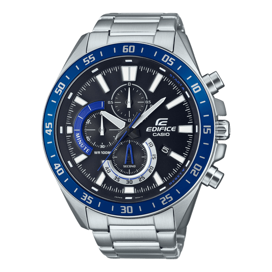 Casio Edifice Herren-Chronographenarmbanduhr, blaues Zifferblatt, silbernes Stahluhrband