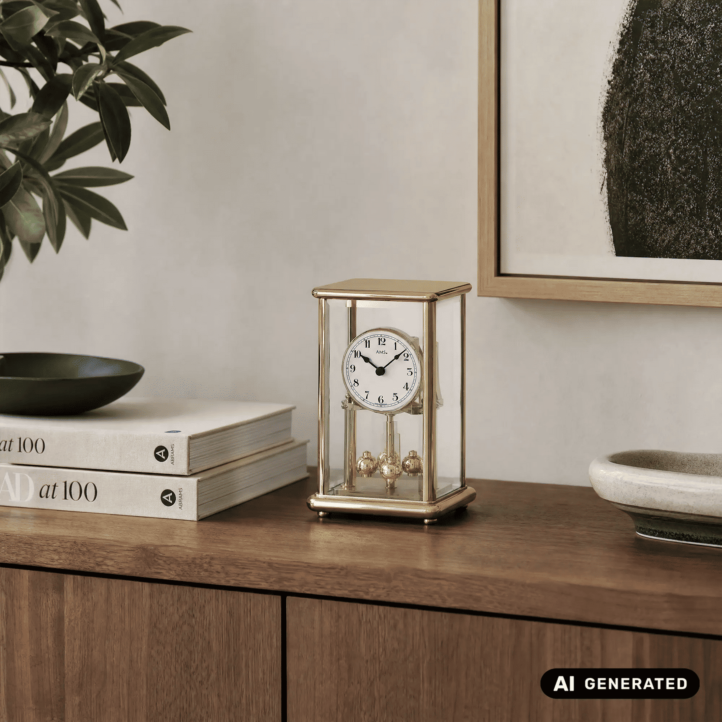 Goldene Uhr im Glasgehäuse mit rundem Ziffernblatt, arabischen Ziffern und Pendeloptik
