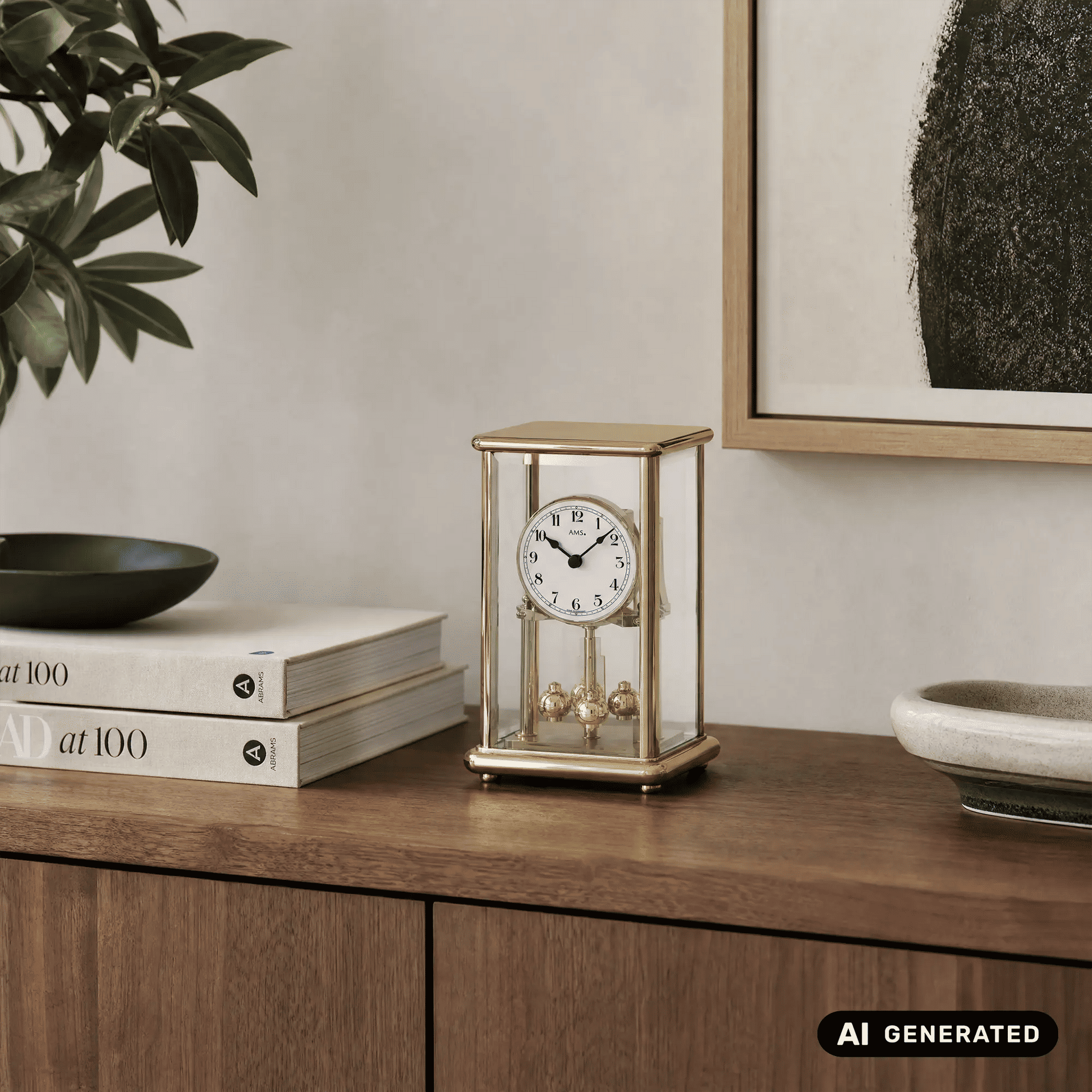 Goldene Uhr im Glasgehäuse mit rundem Ziffernblatt, arabischen Ziffern und Pendeloptik
