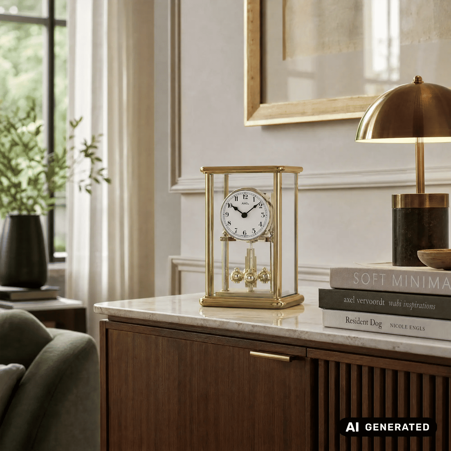 Goldene Standuhr/Tischuhr im Glasgehäuse mit rundem Ziffernblatt und arabischen Ziffern