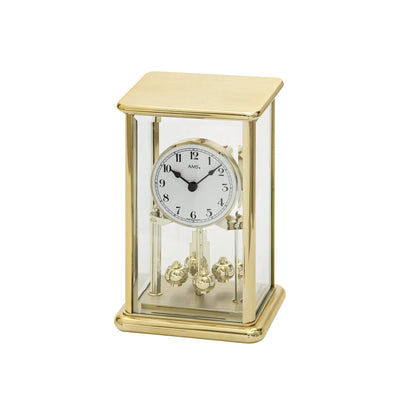 Goldene Standuhr/Tischuhr mit Glaskasten, rundem Ziffernblatt und arabischen Ziffern