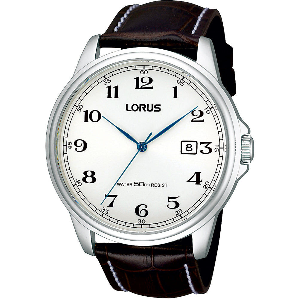 Lorus Dress RS985AX9 Herren Armbanduhr • Weißes Zifferblatt • Braunes Lederband