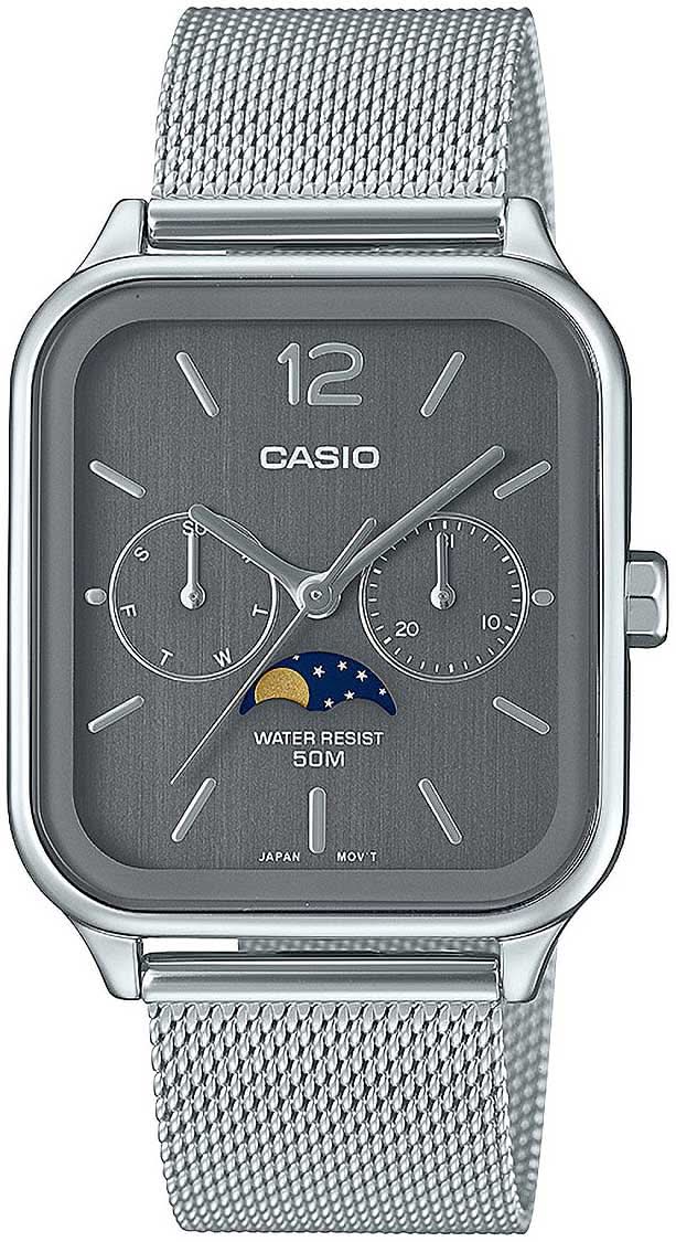 Orologio da uomo con quadrante scuro, indicatore delle fasi lunari e cinturino in maglia d'argento