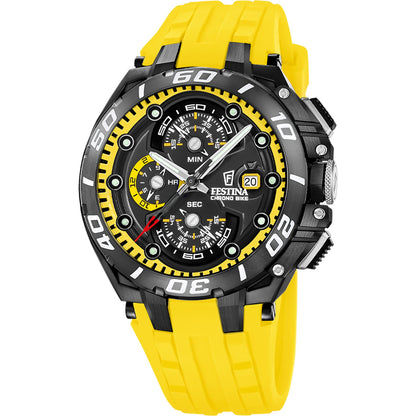 Zegarek typu chronograf z czarną tarczą, żółtym pierścieniem lunety i żółtym silikonowym paskiem