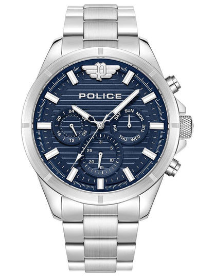 Police Malawi PEWJK2227804 Herrenuhr Silber-Blau • Mineralglas • Datum & Wochentag
