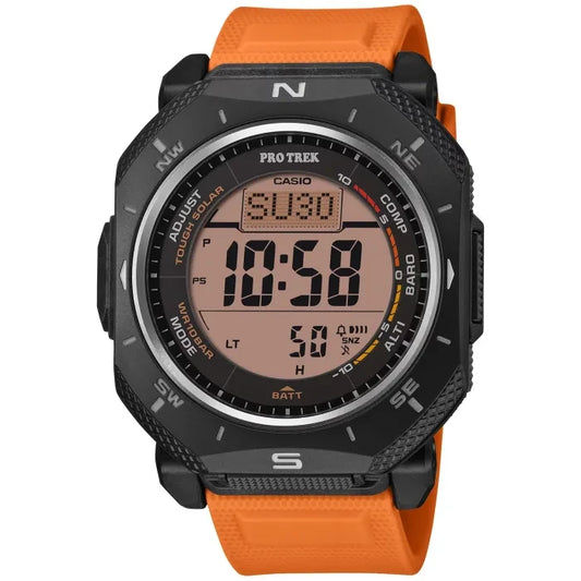 Herrenarmbanduhr mit orangefarbenem Silikonarmband, schwarzem Gehäuse und Digitalanzeige
