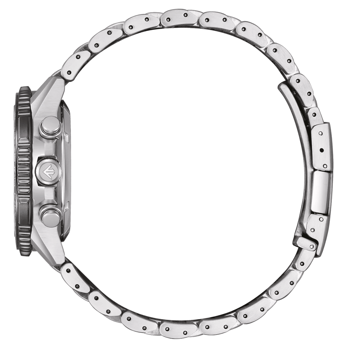 Herrenarmbanduhr Armband mit silberfarbenen Edelstahlgliedern und gelochter Lünette.