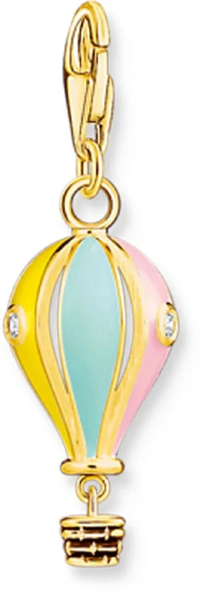 Goldfarbener Anhänger mit Heißluftballon-Emaille, blau-gelb mit pinken Akzenten