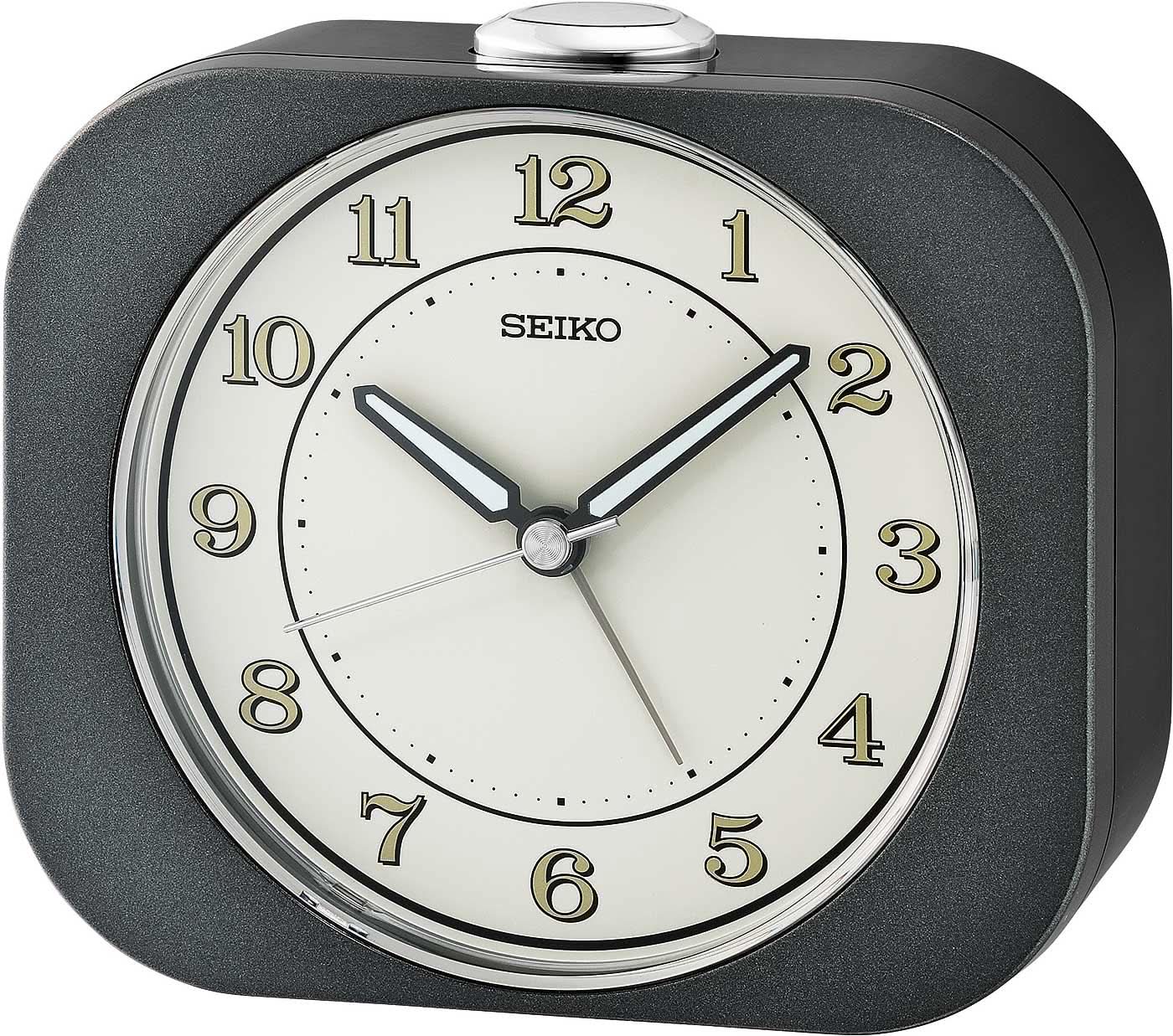 Sveglia analogica Seiko con quadrante bianco rotondo e cassa in plastica scura