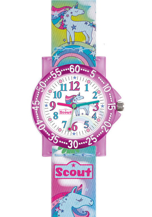 Scout Rainbow Unicorn 375.034 Mädchen-Armbanduhr Pink • Gehärtetes Mineralglas • Waschmaschinenfestes Textilband