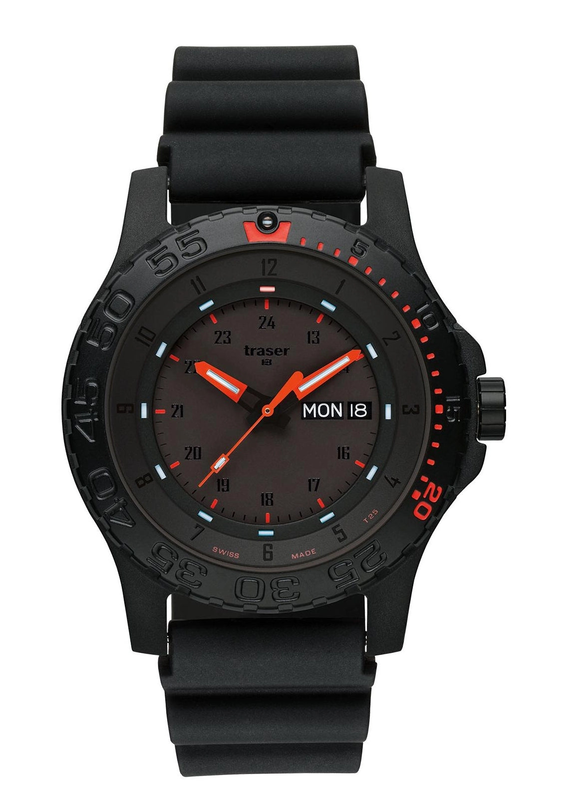 Traser Red Combat 7630027700398 Herrenuhr Rot • Militärisches Kautschukarmband • Tritium-Leuchtmarkierung