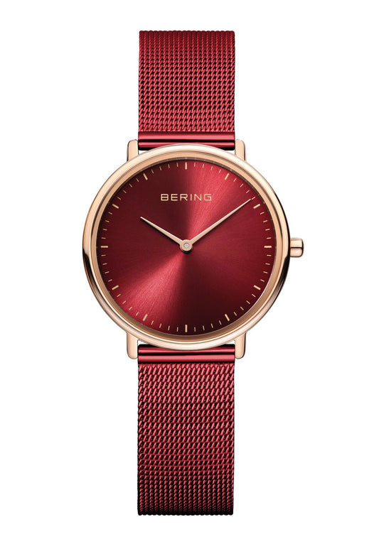 BERING Damenarmbanduhr, rundes Roségoldgehäuse, dunkelrotes Zifferblatt, roséfarbener Zeiger