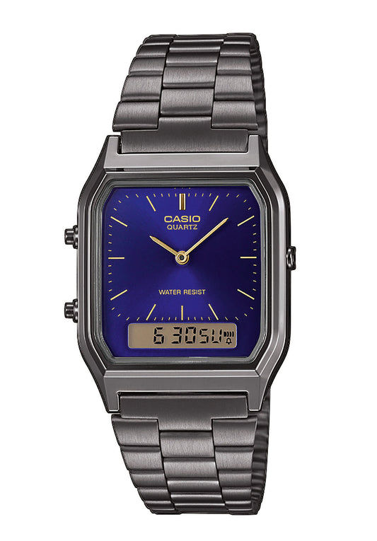 Casio Vintage-Uhr mit lila Zifferblatt, Metallarmband, Analogzeiger und digitale Anzeige.