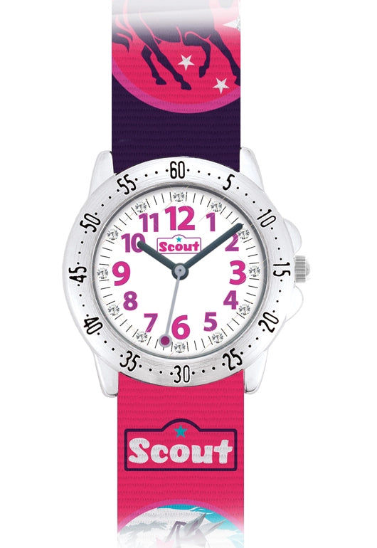 Scout Action Girls 280378015 Mädchen Armbanduhr Rosa • Pferdemotiv • Textilband