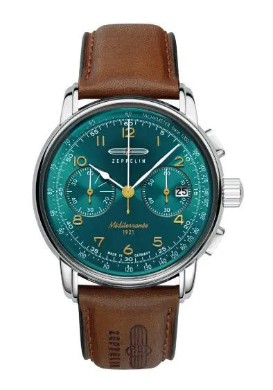 Zeppelin Herrenarmbanduhr Chronograph mit petrolfarbenem Zifferblatt und Lederarmband