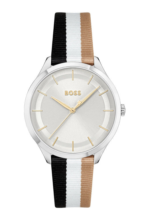 BOSS Damenarmbanduhr, silbernes Gehäuse, Stoffband in Schwarz/Beige, Quarz