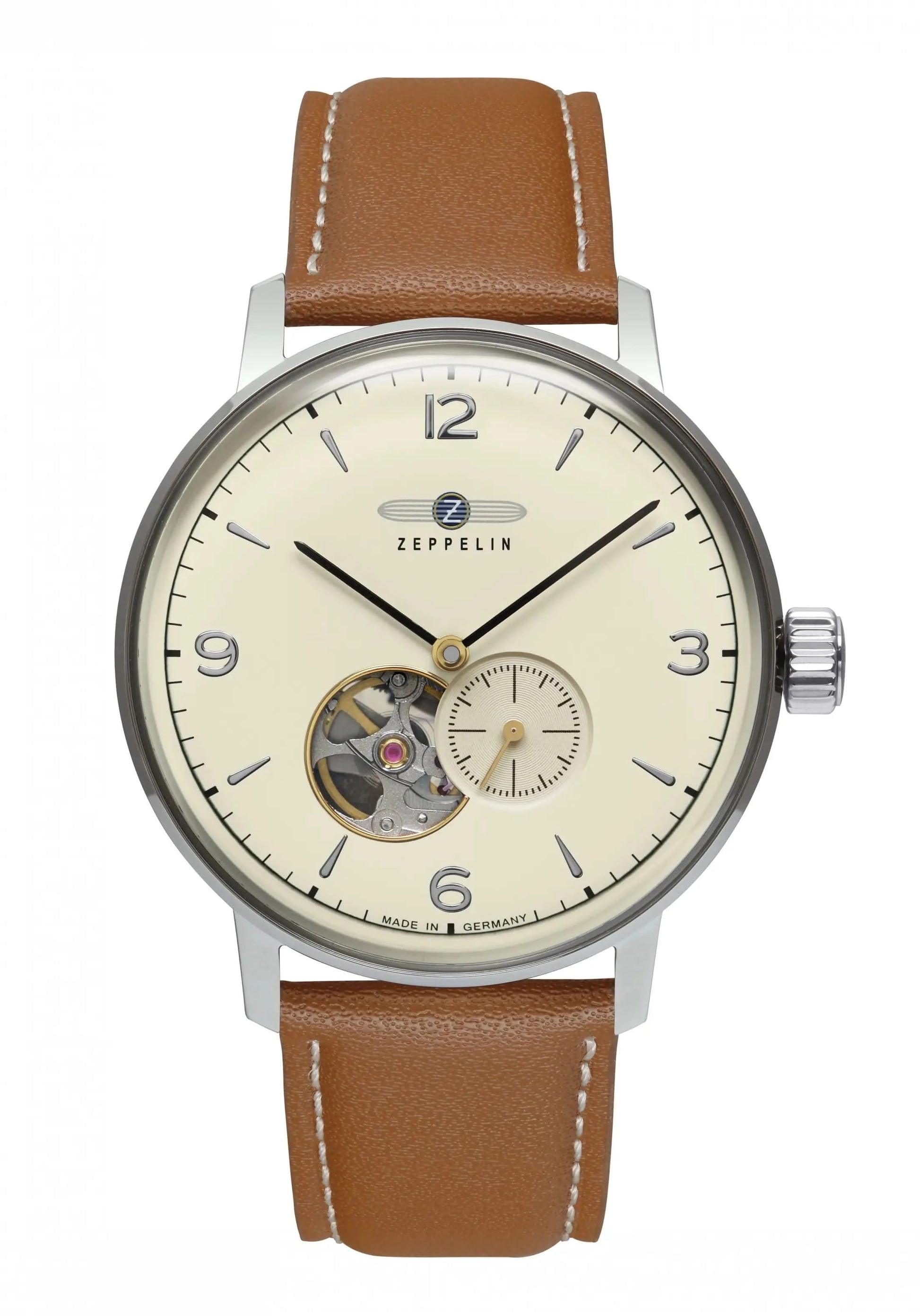 Zeppelin Hindenburg 8066-5 Herren Armbanduhr Beige • Automatikwerk Open Heart • Nachhaltiges BioVeg-Armband