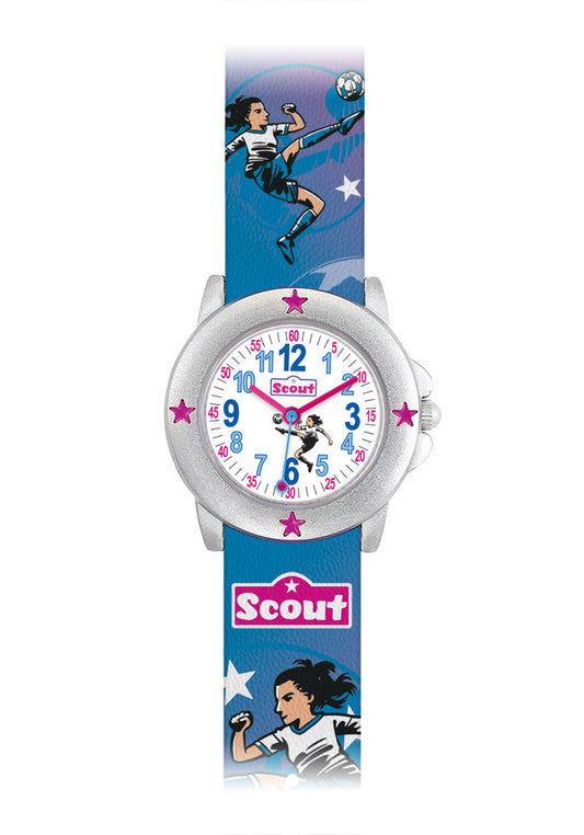 Scout Girls Team 280393035 Mädchen Armbanduhr Blau-Pink • Fußball-Motiv • Mineralglas