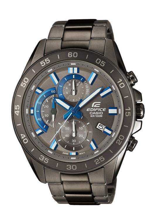 Casio Edifice Herrenuhr mit schwarzem Zifferblatt, blauen Akzenten, Edelstahlarmband